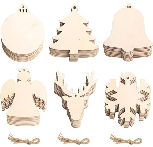 60PCS Wooden Decorations for Crafting, 6 Styles Wooden Christmas Tree Decorations with Holes and String, Christmas Decorations Include Snowflake, Bell, Reindeer, Christmas Tree