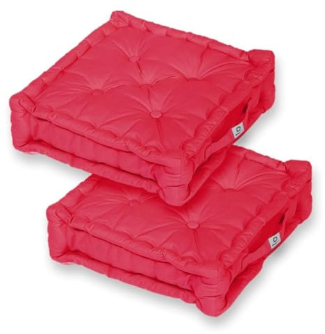 Déco Arts Coussins de Sol - Lot de 2 Coussins Carrés pour Salon ou Jardin - Coussin Capitonné avec Traitement Déperlant et Poignée de Transport - Certifié Oeko-TEX - 50x50 x 15 cm, Rouge Piment
