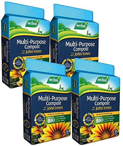 Westland Multipurpose Garden Plant Compost - Peat Free Multi-Purpose Compost with John Innes 4 x 10L Garden Soil Bags for Indoor & Outdoor House Plants, Vegetable Growing. Comes with Topline Card.