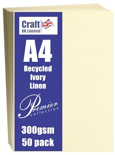 Craft UK, 50 A4-kort, återvunnet linne kartongpapper för inbjudningar och mer, 300 gsm, tillverkat i Storbritannien, hållbar kvalitet, elfenben