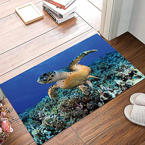 Badematte 50x80cm, Rutschfeste Badteppich, Schildkröte, Cheloniidae im tiefblauen Ozean aquatische gefährdete Tierwelt Na,Mikrofaser Badvorleger mit, Wasserabsorbierende Weiche teppiche für Badezimmer