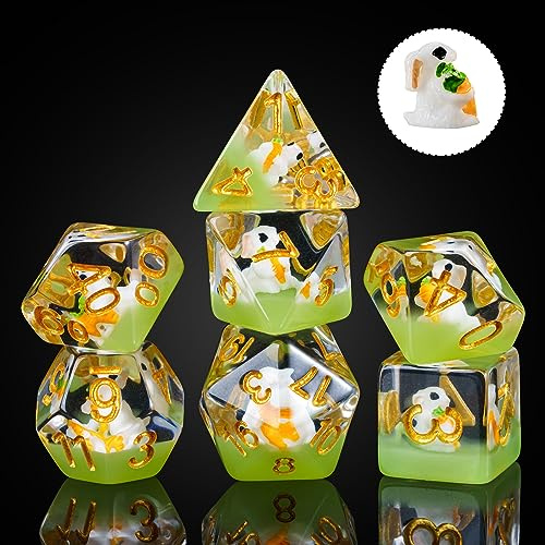 Cusdie Set med 7 tärningar, D&D-tärningar, set med polyedriska tärningar fyllda med djur, för rollspel, spelet Dungeons & Dragons, MTG Pathfinder (kanin)