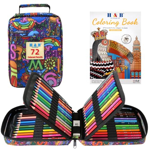 H & B 72 Colouring Pencils Set with Colouring Book Professional Coloured Pencils Perfect for Adult and Artists Blending, Shading and Layering