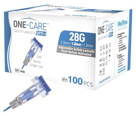 ONE-CARE Opti+ Adjustable Safety Lancets, 28G x 3 Depth Settings (1.3 I 1.8 I 2.3mm), Sterile, 100/bx