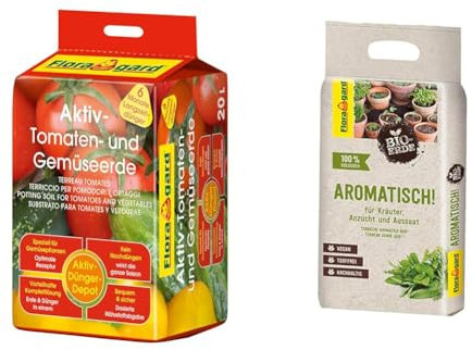 Floragard Aktiv-Tomaten-und Gemüseerde 20 Liter Blumenerde, erdfarben & Bio-Erde Aromatisch 1x3 Liter - für Anzucht und Aussaat sowie für Kräuter - torffrei und vegan