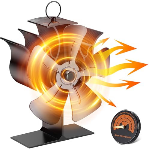 Viitech Ventilateur de Poêle à Bois, Silencieux Ventilateur de Poêle à Bois/à Granulés avec Theromètre, Ventilateur Cheminée Alimenté à la Chaleur pour Cheminée/Gaz/Bûche (5-Blades (1 Pcs))