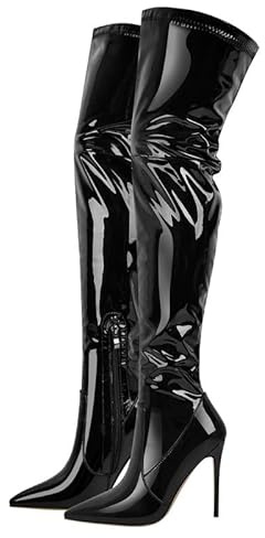 Blingqueen - Stivali da donna sopra il ginocchio, con tacco a stiletto, elasticizzati, Pintura Nero, 44 EU