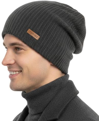 TOP-EX XL/XXL Merinowolle Slouch Beanie Herren Mütze Damen Winter Warm Strickmuetze mit Satinfutter Grau M/L