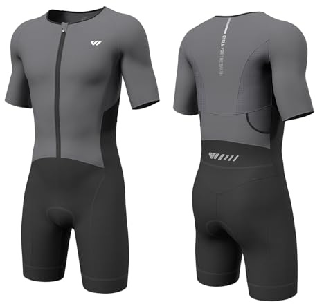 Wulibike Triathlon kostym herr trisuit kortärmad, hög elasticitet andas snabbtorkande triathlondräkt för män racing och triathlon tävlingar, GRÅ, L