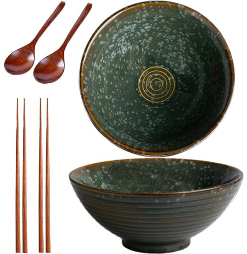 Sightday Noodle Bowl Set of 2 - 1200ml Ceramic Bowl for Pasta, Snack, Soup, Salad, Cereal (Green) with Ramen Spoons and Chopsticks