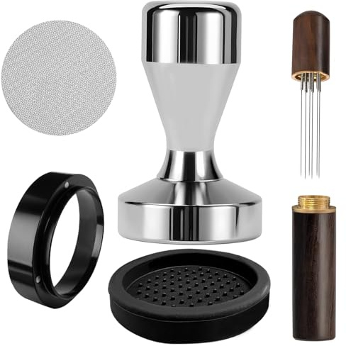 HahaGo Tamper de café de 51 mm, prensador de café de 51 mm, con Alfombrilla de Espresso, agitador de café, Anillo dosificador de café de Acero Inoxidable, Pantalla de 51 mm, Juego de tampadores para