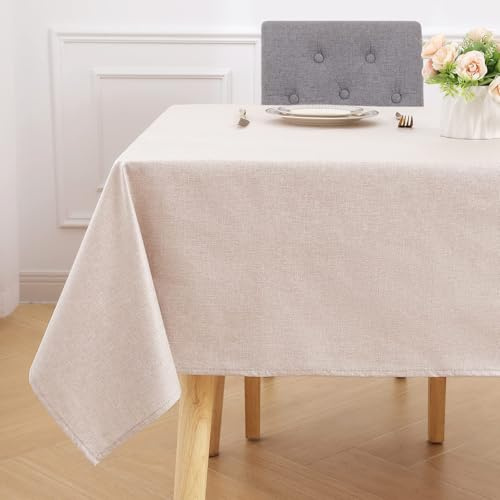 smiry Rectangular Table Cloth Wipe Clean 140x300 cm, Wipeable Water Resistant Linen Tablecloth, Fabric Washable Dining Table Cover for Kitchen Indoor Outdoor, Beige