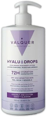 Valquer Hyaludrops Crema Hidratante Corporal Coco y Algodón. Loción para Piel Seca y Sensible, Hasta 72 Horas de Hidratación Nutritiva con Ácido Hialurónico, Niaciamida y Manteca de Karité. 700 ml.