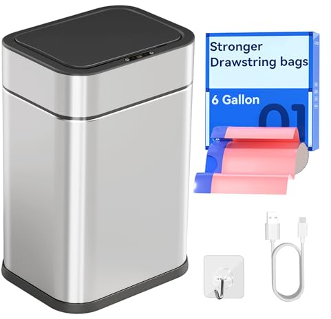 FRESHLIX 360° Motion Sensor Stainless Steel Trash Can Auto-Adsorption Bags 6 Gallon Silent Close Lid Touchless Automatic Sliver Garbage Bin with Pre-Cut Drawstring Bags for Kitchen Bathroom