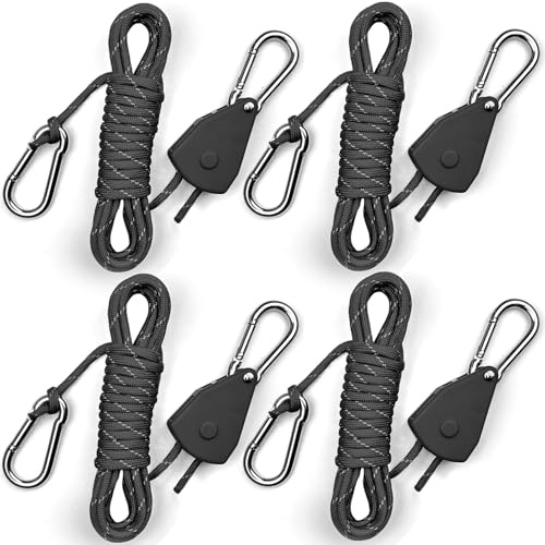 KOKKOYA 4.6m Rope Ratchet Tie Downs Paracord Strap Camping Tensioner 1/8 in | Portable adjustable fix camping rope, paracord adjusters, reflective cord for camping, tents, tarps and grow lights,black