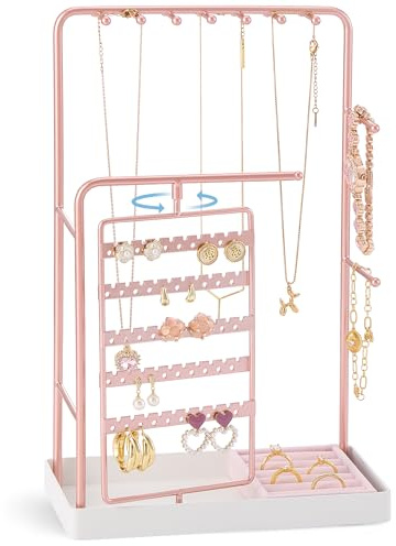 ProCase Jewelry Stand Holder Organizer, Jewelry Display Storage with Ring Tray, Rotating Earring Bracelet Necklace Holder, Valentine's Gifts Room Dorm Decor for Teen Girls -Rosegold (No-Assembly)