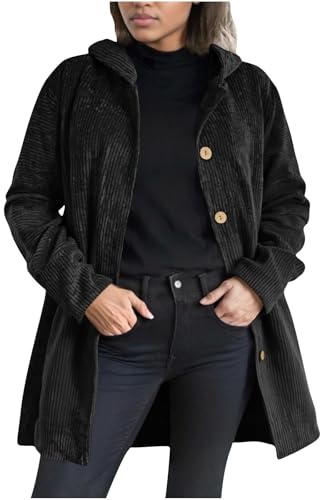Dyhxuan Veste en velours côtelé pour femme - Manches longues - Avec capuche - Couleur unie - Veste d'automne boutonnée - Veste mi-saison décontractée - Chemise en velours côtelé, Noir , XL