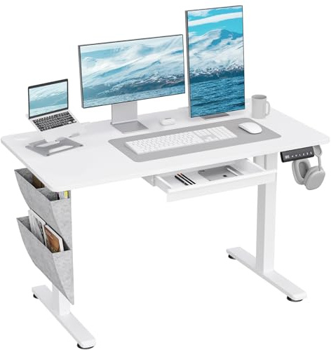 DSNAPE Scrivania Elettrica Regolabile in Altezza, 120 x 60 cm Scrivania per Computer con Cassetti & Funzione Memoria 3 Altezze, Scrivia Seduti in Piedi per Ufficio Domestico, Bianco