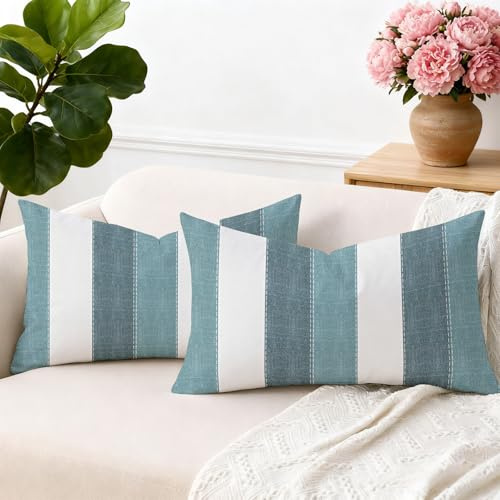 Brylleii Set med 2 ränder dekorativa kuddfodral 30 x 50 modern vit örngott turkos teal linne dekorativ retro kudde för soffa utomhus trädgård uteplats
