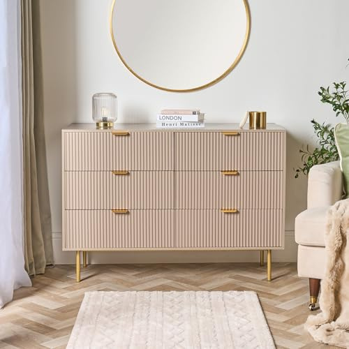 OHS Ribbed Chest of Drawers Bedroom 6 Drawers, Space Saving Wooden Storage Cabinet with Metal Handles Decorative Drawer Dresser for Bedroom Living Room Office, Taupe