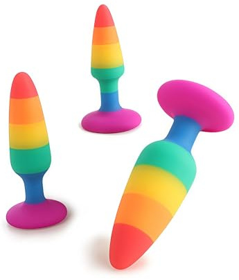 Set di 3 tappi anali giocattoli per massaggi anali per principianti tappi anali in silicone morbido colore arcobaleno con ventosa