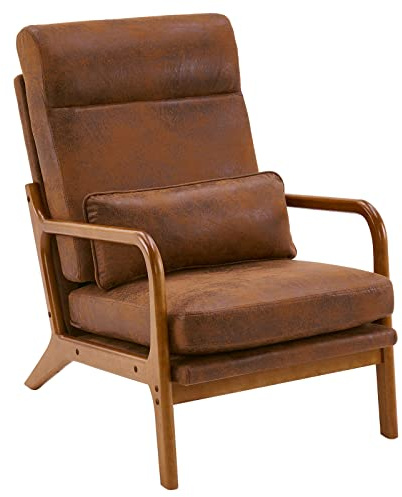 Karl home Accent Chair, Mid-Century Modern Armchiar Lounge Reading Chair with Pillow High Back Bronzing Cloth Upholstered Solid Wood Frame & Soft Cushion for Living Room, Bedroom, Balcony, Brown