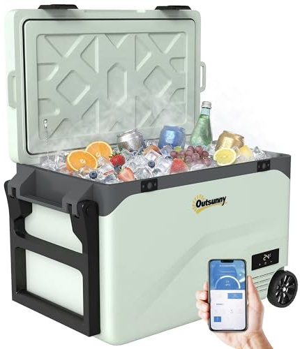 Outsunny Frigorifero Portatile per Auto 42.5L con Compressore, Frigo Elettrico Anti-Shock, Controllo APP, Portatelefono, Ruote, Maniglia, 12V/24V/240V, -20°C-20°C, Campeggio Camion Barca Camper Casa