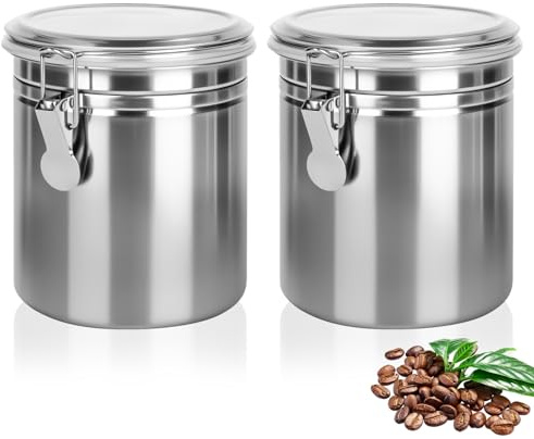 XCRPRT 2 latas de café herméticas con tapa, 850 ml, recipiente de acero inoxidable, almacenamiento de granos de café, recipiente de café para molienda, frijoles, té, harina, cereales y azúcar (plata)