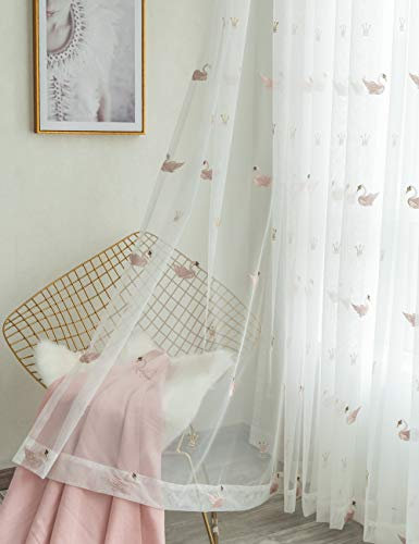 Lactraum Cortina para habitación infantil niña princesa transparente blanca con ojales, cisne y corona de voile 145 x 245 cm