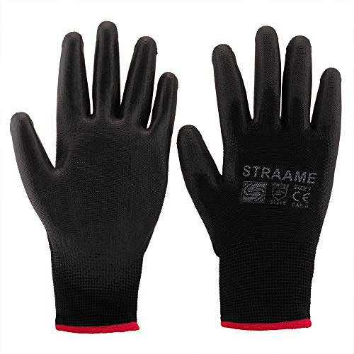 Straame Pack of 12 or 24 Black Safety Work Gloves, Outdoors PU and Nylon Non-Slip Work Handling Gloves, Good Dexterity Firm Grip Protective Working Gloves Size (Pack of 12 Pair's, XL)