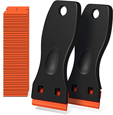 Plastic Razor Blade Scraper, 2 Pack Razor Scraper with 120 Pcs Razor Blades for Removing Glue, Sticker, Decals, Tint from Car Window and Glass（Black）