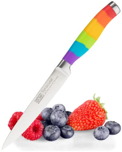 Rainbow Coloured Serrated All Purpose Utility Knife - 13cm/5 Ultra Sharp Stainless Steel Blade. Perfect for Slicing Through Tough Fruit or a Sof Tomato. Ideal for Home Kitchen or Professional Use