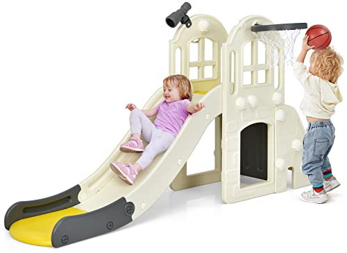 GYMAX Kids Slide, 6 in 1 Freestanding Slides with Basketball Hoop, Ball, Telescope, Ring Toss & Mini Pump, Indoor Childrens First Slide for Toddlers Age 3-8 Years Old (Beige+Yellow)