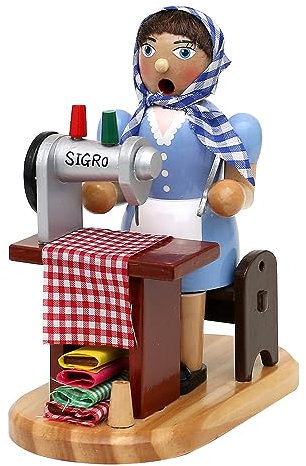 Dekohelden24 Holz Räucherfrau - Räucherfigur als Schneiderin - Näherin an Nähmaschine, L/B/H 15 x 10 x 19 cm