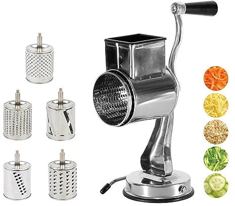 Rallador de queso manual de acero inoxidable con 5 hojas de tambor y ventosa, cortador de verduras para queso, pepinos, zanahorias, nueces y patatas, instalación independiente