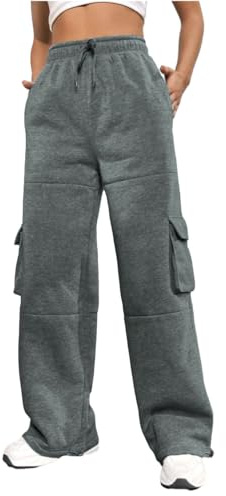 Nuofengkudu Termico Anchos Pantalon Chandal Mujer Holgado Rectos Jogger Pantalones Deporte Elastico Tiro Alto Cordon Cargo Bolsillos Deportivo Invierno Comodo Ropa Casa Casual Gris Oscuro XL