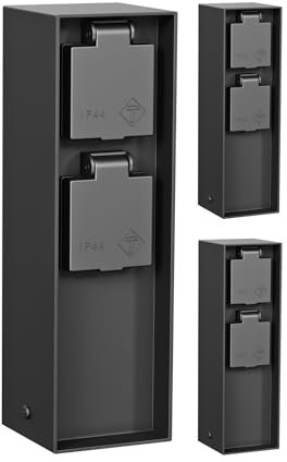 ledscom.de 3 pièces Colonne de Prises de Courant de Jardin POKU pour l'extérieur, IP44, 2X, Plastique, Noir, carré, 23 cm