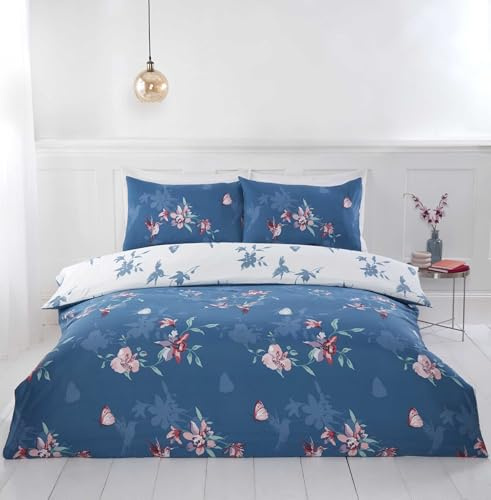 Rapport home Hummingbird Floral Blue Double Duvet Cover Set - Soft Easy Care Polyester Bedding with Pillowcases