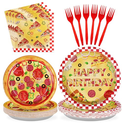 96Pcs Pizza Party Supplies Pizza Night Birthday Plates and Napkins Tableware Sets for Italy Pizza Slice Slice Baby Shower Spooky Horror Video Game Bear Themed Party Decorations Serves 24 ﻿