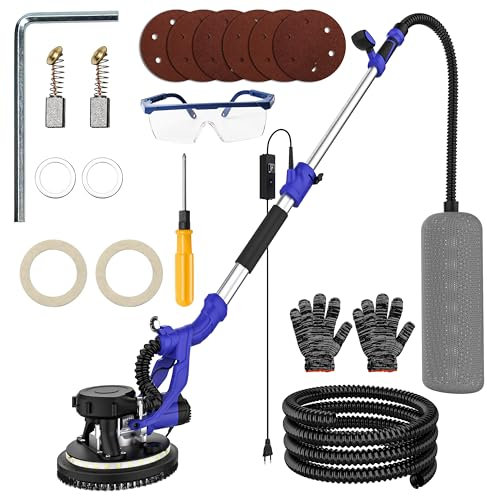 Lijadora jirafa, 950 W 225 mm Lijadora de pared y techo, 6 velocidades (800 a 2100 rpm), con sistema de succión automático, asa telescópica, manguera larga para polvo, luz LED (A)