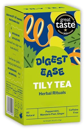Tily Tea Digest Ease Herbal Tea | Caffeine-Free | Peppermint, Mandarin Peel, Ginger - 12 Biodegradable Teabags