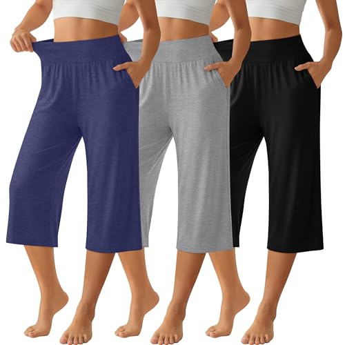 Neer Paquete de 3 Pantalones Capri de Mujer de Pierna Ancha y Cintura Alta, Estilo Cropped, Casuales y con Bolsillo.(L,Negro, Azul Oscuro, Gris Claro)