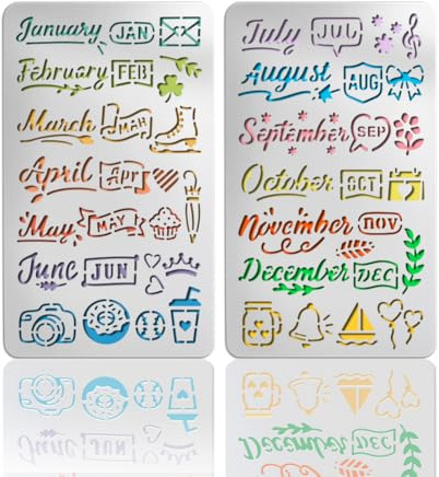 UNICRAFTALE 2Pc Month Journal Metal Stencil Stainless Steel Template Dates Months Years Words Stencil Calendar Stencils for Notebook Diary Scrapbook DIY Drawing Wood Burning Engraving