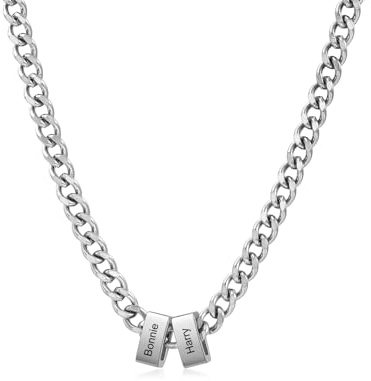 Collana Personalizzata da Uomo Con 1-6 Nomi Catena in Acciaio inossidabile per Papà Marito Fidanzato Regalo Personalizzato per Natale, San Valentino, Festa del papà,Compleanni (bead-2 nome)