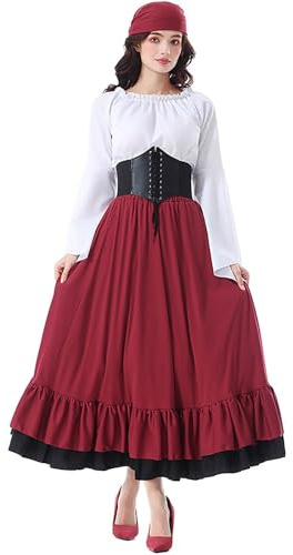 Vestito Carnevale Donna - Cosplay 4Pcs Set Con Gonna Camicetta Corsetto E Cuffietta Costumi Carnevale Medievale Gotico Volant Costume Pirata Lunga Carnevale Linea Ad A Vita Alta