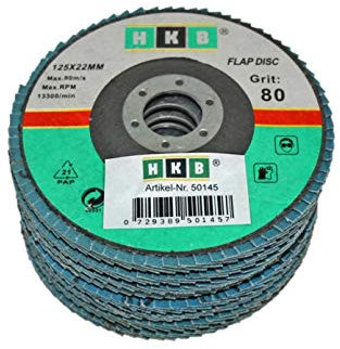 HKB ® 8 Stück Fächerschleifscheibe je 2x Korn 40, 60, 80, 120, Schruppscheibe, Schleifmop, 125x22mm, blau, Zirkon, für Edelstahl, Metall, INOX, für Flex u. Winkelschleifer, Art-Nr. 50145