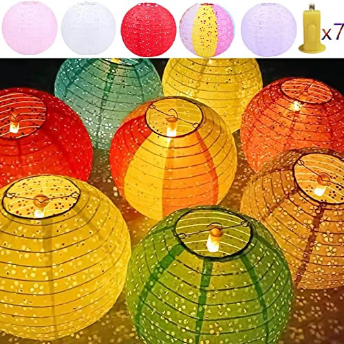 Qlisytpps Lanterne di carta con luci a LED, 10 colori, stile orientale, tradizionale, asiatico, per camera da letto, decorazione per la casa, festa di nozze, 20,3 cm (5 pezzi) gratis 2 luci di
