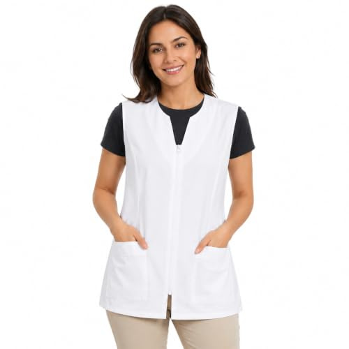 ETREXONLINE Blouse Blanc Femmes de Travail Sans Manches, Manteau Uniformes Femmes de nettoyage - Blanc S