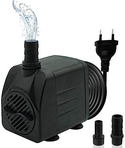 Mini pompa dell'acqua (450 l/h, 8 W), pompa per acquario ultra silenziosa con hub alto, pompa per fontana con cavo di alimentazione da 1,5 m, 2 ugelli per acquari, laghetti, fontane, statue