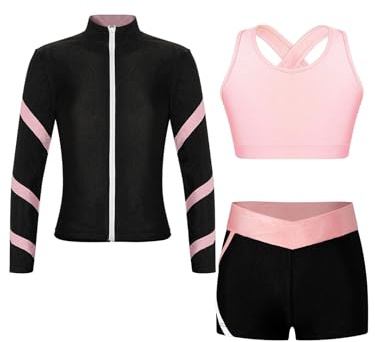 Aiihoo Mädchen Sportanzug Kinder Jogginganzug Sweatshirt +Sport Leggings/Shorts Sporthose Trainingsanzug Trikotanzug Yoga Fitness Workout Laufen Tanz Outfit Sa Rosa 146-152